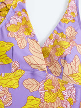 Load image into Gallery viewer, Purple Leaf Print V Neck One Piece With Bathing Suit Wrap Skirt