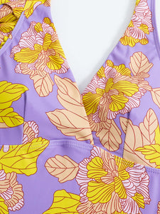 Purple Leaf Print V Neck One Piece With Bathing Suit Wrap Skirt