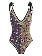 Load image into Gallery viewer, Floral Print Retro Style V Neck One Piece With Bathing Suit Wrap Skirt