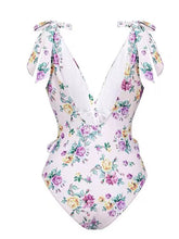 Load image into Gallery viewer, Purple Floral Print Bow Strap One Piece With Bathing Suit Wrap Skirt