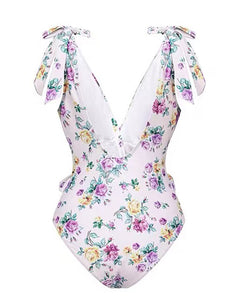 Purple Floral Print Bow Strap One Piece With Bathing Suit Wrap Skirt