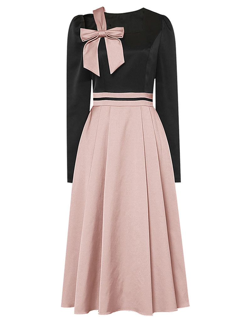 Pink And Black Square Collar Bowknot 1950S Hepburn Style Outfits Vintage Swing Dress