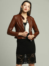 Load image into Gallery viewer, Brown Long Sleeve PU Leather Soft Jacket For Women