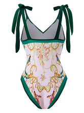 Load image into Gallery viewer, Floral Print Retro Style V Neck One Piece With Bathing Suit Wrap Skirt