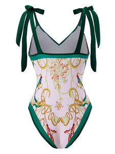 Floral Print Retro Style V Neck One Piece With Bathing Suit Wrap Skirt
