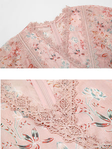Pink Butterfly Sleeve Lace Chiffon Dress