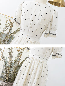 Lace V Neck Polka Dots Puff Sleeve Vintage Dress