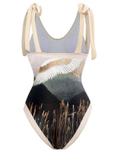 Load image into Gallery viewer, Cranes Bird Print Retro Style V Neck One Piece With Bathing Suit Wrap Skirt