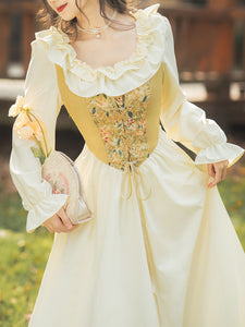 Yellow Square Neck Ruffle Corset Vintage Fairy Dress