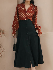 1950S Vintage Red Polka Dots Shirt And Black Skirt Set
