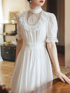 White Lace Ruffles Puff Sleeve Edwardian Revival Wedding Dress