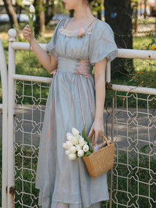 Baby Blue Square Collar Flower Princess Vintage Dress