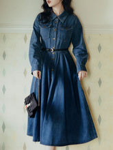 Load image into Gallery viewer, Denim Lapel Long Sleeve 1950S Swing Vintage Dress