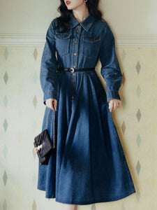 Denim Lapel Long Sleeve 1950S Swing Vintage Dress
