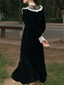 Black Semi-Sheer Velvet  Long Sleeve Lace Vintage Dress