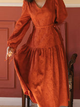 Load image into Gallery viewer, Orange V Neck Relief Jacquard Long Sleeve Vintage Dress