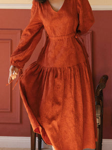 Orange V Neck Relief Jacquard Long Sleeve Vintage Dress