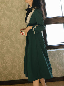 Dark Green Long Sleeve Ruffles Evdwardian Revival Dress