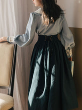 Load image into Gallery viewer, 1950S Vintage Peter Pan Puffed Sleeve Shirt And Striped Jacquard Swing Skirt Set