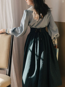 1950S Vintage Peter Pan Puffed Sleeve Shirt And Striped Jacquard Swing Skirt Set