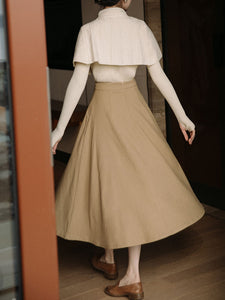 3PS White Knitted Sweater And Cape With Brown Swing Skirt Set