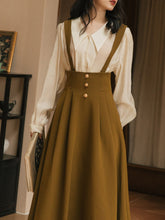 Load image into Gallery viewer, 2PS Apricot Long Sleeve Blouse And ArmyGreen Pockets Swing Strap Skirt Dresss Set