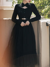 Load image into Gallery viewer, Sweet Hollow Carved Sweater Top Stitching Tulle Little Black Dress With Belt