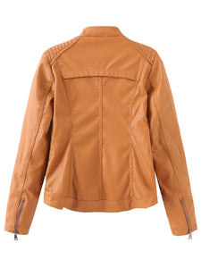 Women‘s Pu Leather Jacket Stand Collar Long Sleeve Coat