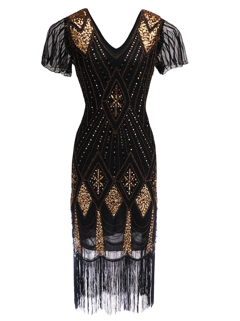 princess polly baby blue dress Navy 1920s V Neck Sequined Flapper Dress, Black / 2XL