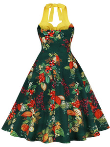 Yellow Floral Print Off the Shoulder High Waist Halter 1950 Dress