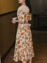 Load image into Gallery viewer, Orange Rose Print Off Shoulder Short Sleeves 50S Chiffon Dress