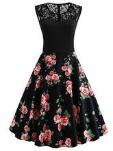 Load image into Gallery viewer, Black Lace Rose Print Swing 1950S Vintage Dress