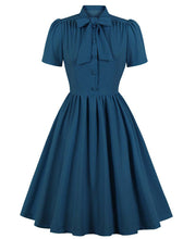 Load image into Gallery viewer, Baby Blue Tie Neck Short Sleeve Pleated A Line Cocktail Vintage Dress