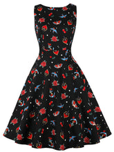 Load image into Gallery viewer, Black Butterfly And Bird Print 1950S Sleeveless Vintage Swing Dress With Pockets