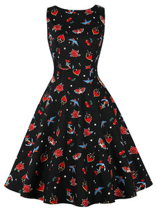 Black Butterfly And Bird Print 1950S Sleeveless Vintage Swing Dress With Pockets