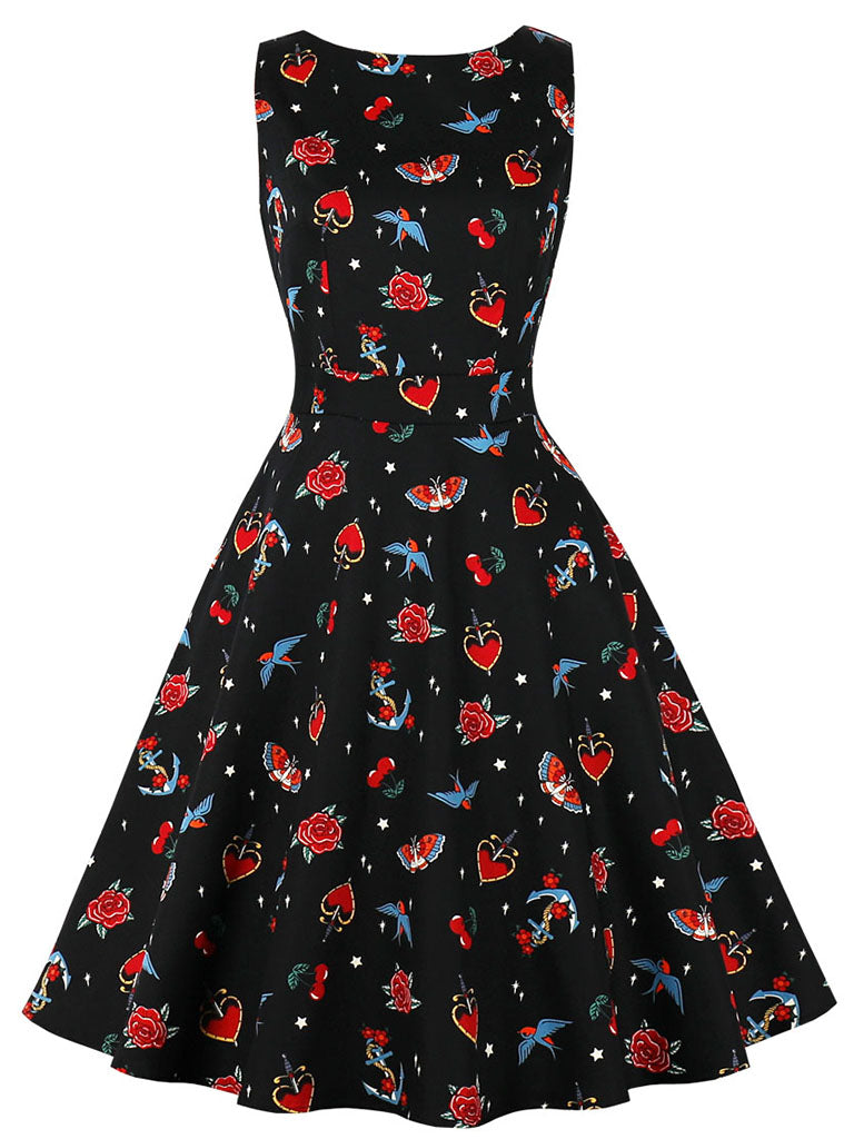 Black Butterfly And Bird Print 1950S Sleeveless Vintage Swing Dress With Pockets