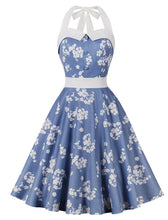 Load image into Gallery viewer, Light Blue Floral Print Halter High Waist 1950 Vintage Dress