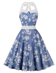Light Blue Floral Print Halter High Waist 1950 Vintage Dress