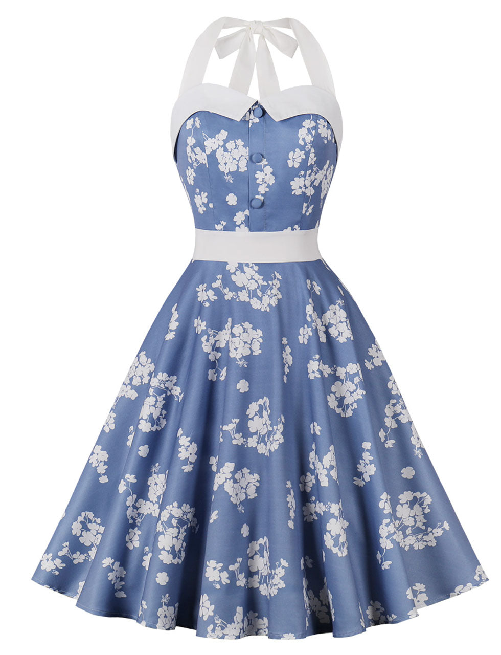 Light Blue Floral Print Halter High Waist 1950 Vintage Dress
