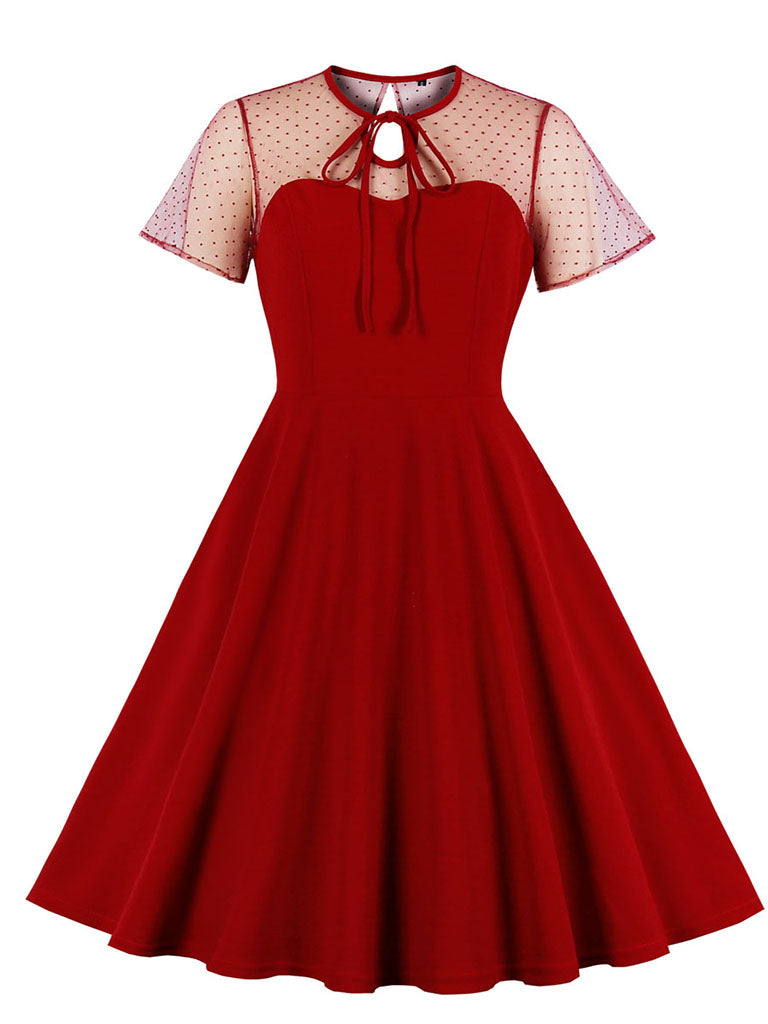 With Pocket Semi-Sheer A Line Black 50S Dress