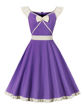 Load image into Gallery viewer, Purple Bowknot Ruffles Butterfly Sleeve 1950s Vintage Dress