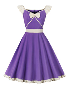 Purple Bowknot Ruffles Butterfly Sleeve 1950s Vintage Dress