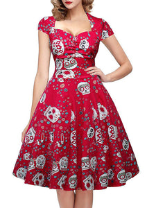 Halloween Red Skull Printed V Neck Vintage Dress