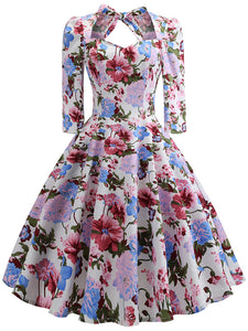 Cotton Floral Printed Back Bow Hollow Out 1950S Dress