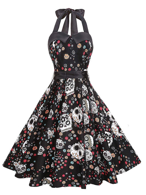 1950S Halloween Skull Printed Halter Vintage Dress