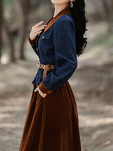 Load image into Gallery viewer, 2PS Denim Coat With Brown Velvet Swing Skirt 1950S Vintage Audrey Hepburn&#39;s Style Outfits