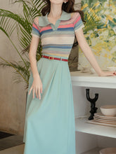 Load image into Gallery viewer, 2PS Green Stripe Knitted Lapel Shirt And Swing Skirt Dress Set