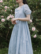 Load image into Gallery viewer, Baby Blue Puffed Sleeves Back Bow 1950S Dress
