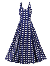 Load image into Gallery viewer, Navy Plaid Spaghetti Strap Elastic Back High Waist 1950 Vintage Dress