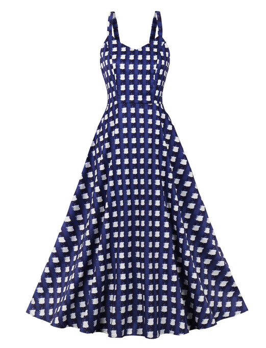 Navy Plaid Spaghetti Strap Elastic Back High Waist 1950 Vintage Dress